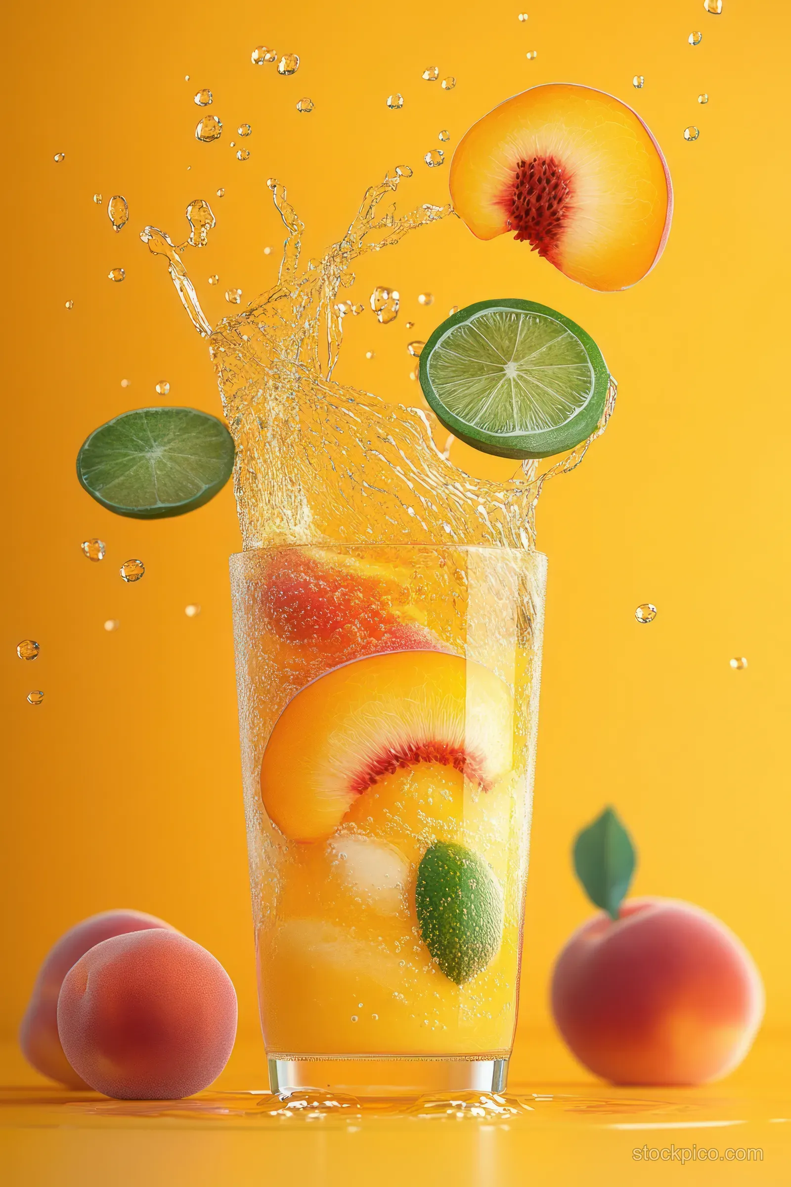 Peach juice pours into a glass with floating peach slices and splashes against a bright orange background.