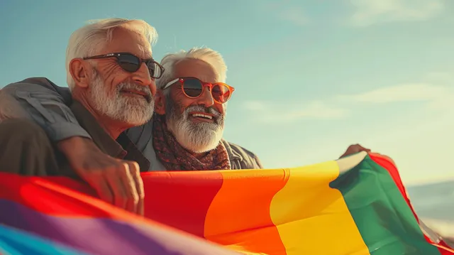 Pareja gay de edad avanzada sonríe y ondea una bandera arcoíris del orgullo en una playa soleada.