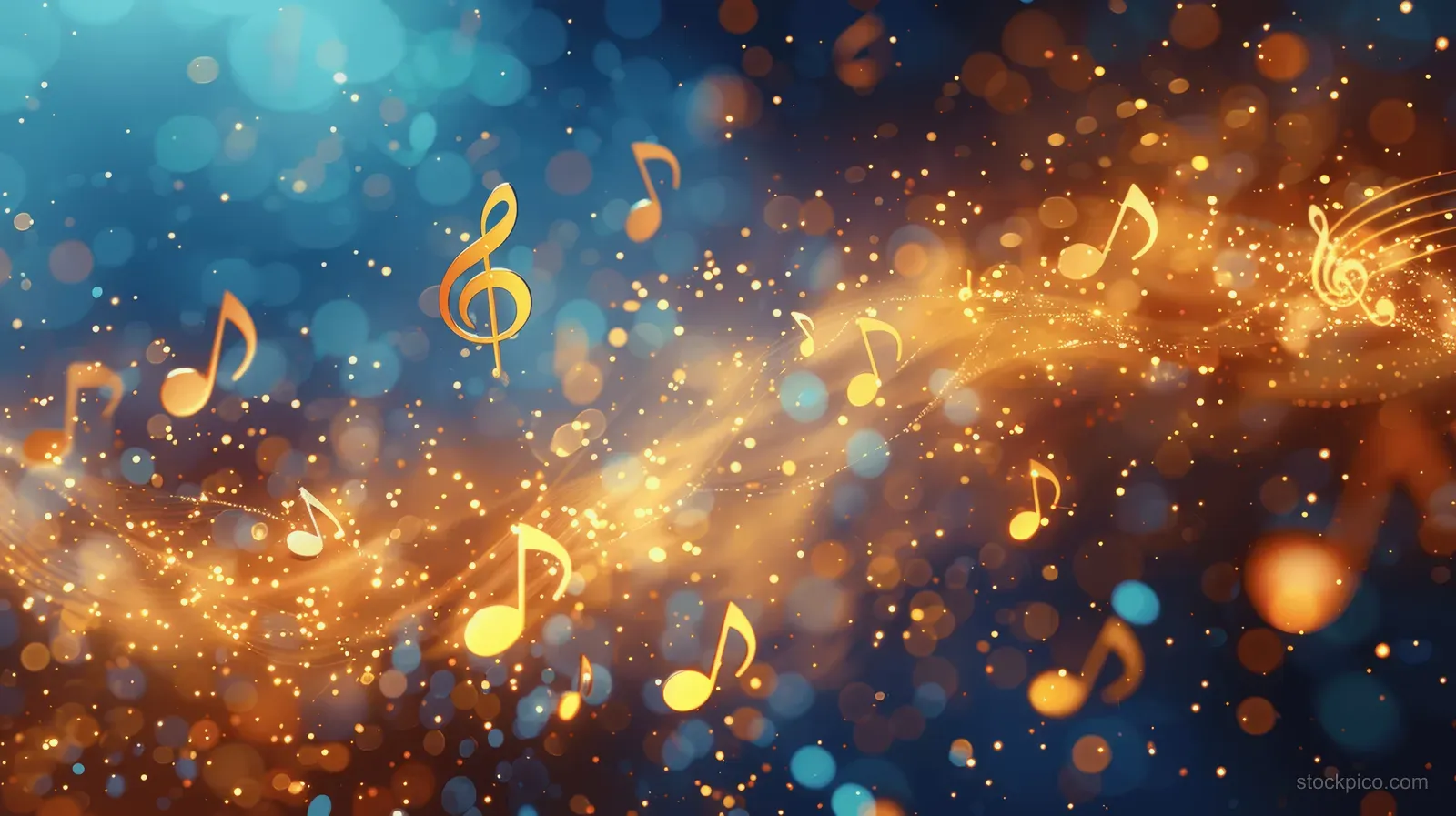 Golden and blue 3D music notes float over a glowing bokeh backdrop with shimmering light particles.