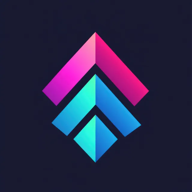 Three upward arrows in pink, purple, and cyan gradient on a dark geometric background