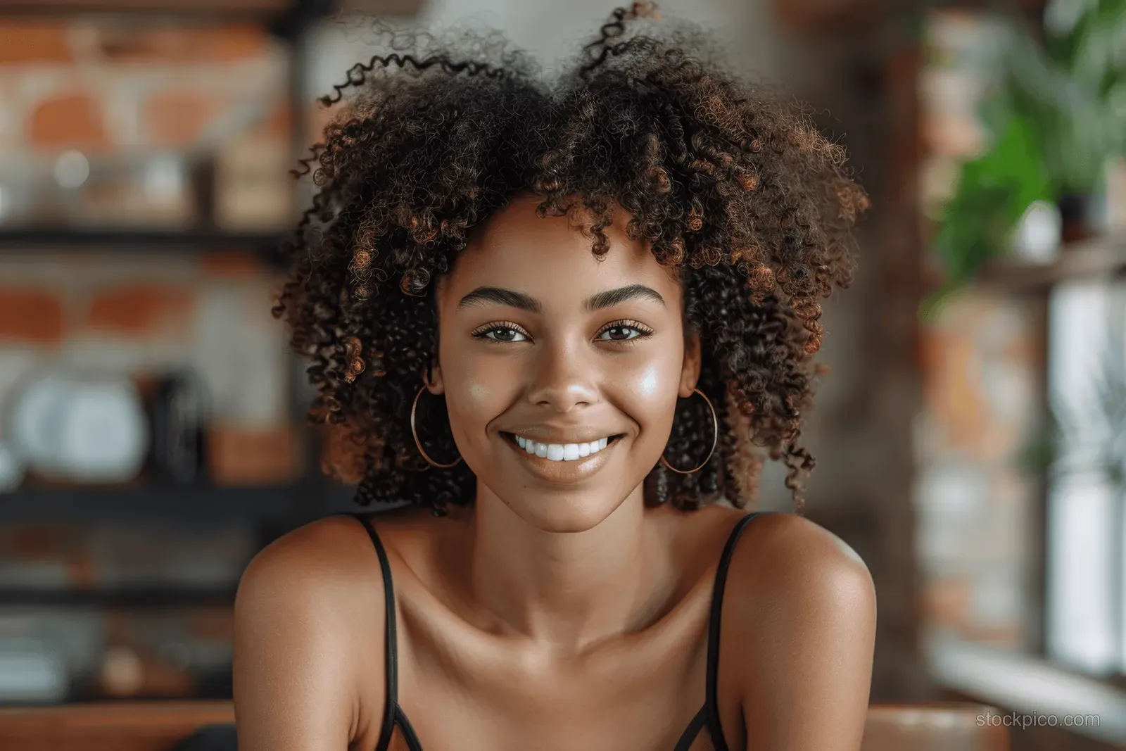 Smiling woman with curly hair and hoop earrings seated indoors with warm light and blurred shelves behind.