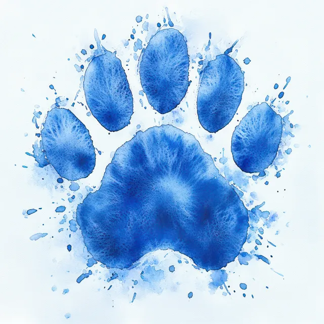 Blue watercolor animal paw print with splashes and gradients on clean white background