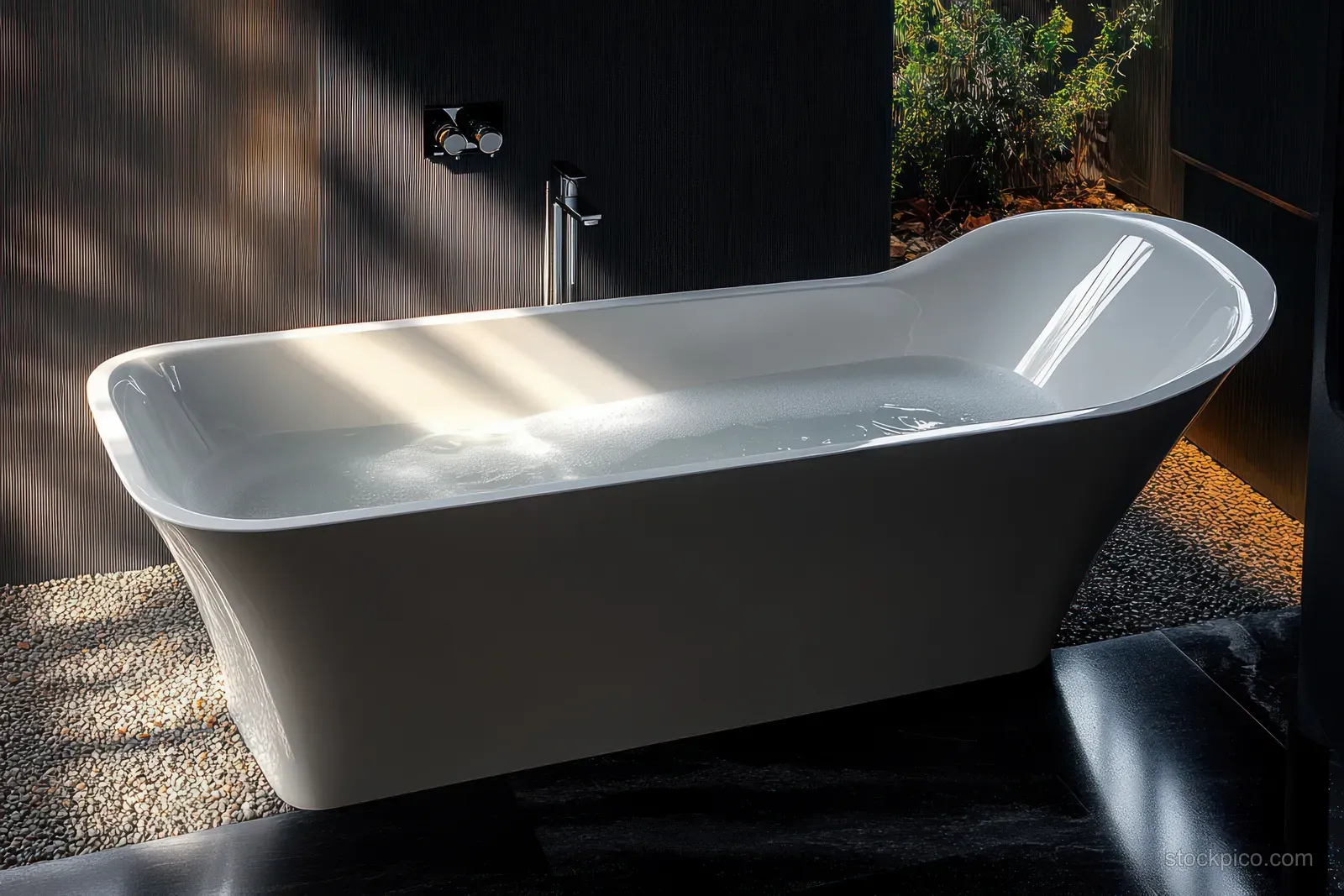 A white freestanding bathtub filled with water sits in a dark minimalist bathroom with sunlight and a pebble floor.