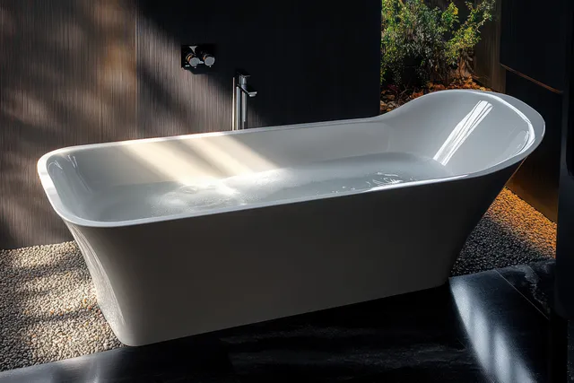 White freestanding bathtub filled with water under natural light in a dark minimalist bathroom