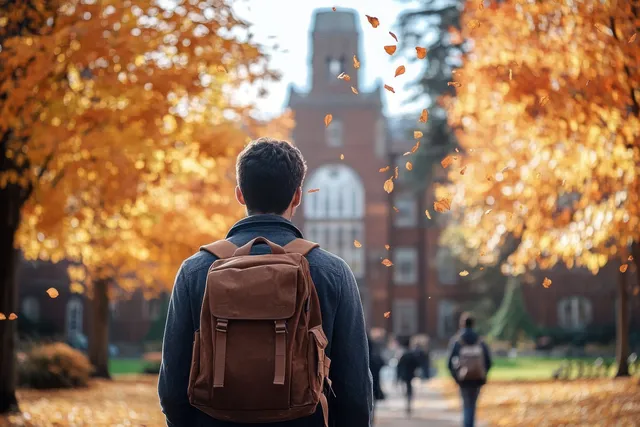 Back view of black student with brown backpack walking university campus under autumn leaves