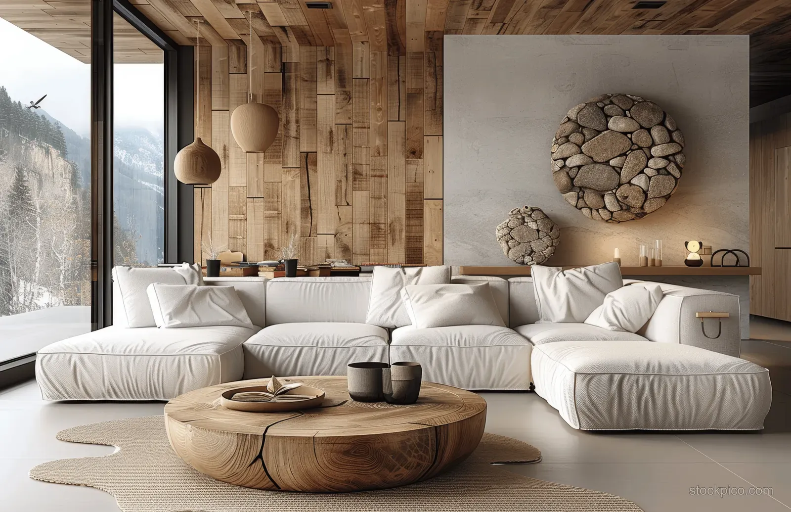 White sectional sofa sits in a minimalist living room beside a round wooden coffee table and stone window niche.