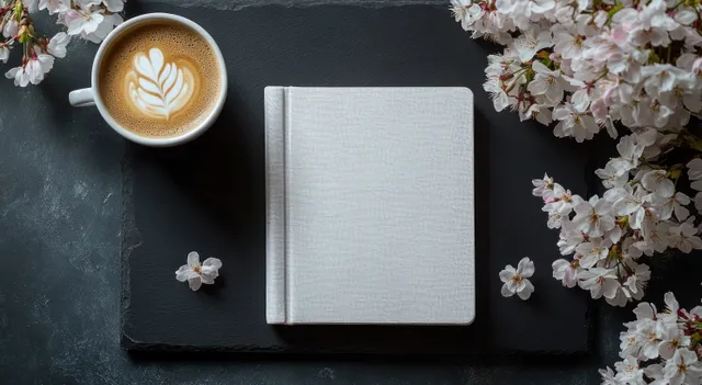 Closed white notebook centered with a latte cup showing leaf latte art and white blossoms on a dark textured table.