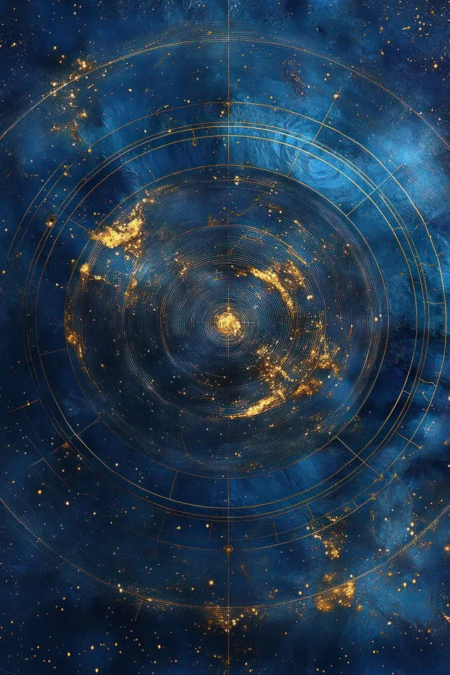 Golden concentric orbital circles and scattered star-like dots on a swirling deep-blue cosmic background.