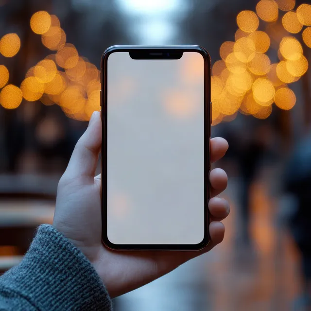 Hand holding a smartphone with blank screen amid warm city bokeh lights