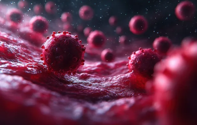 Red blood cell and cancer cell clash in a dramatic microscopic blood stream scene