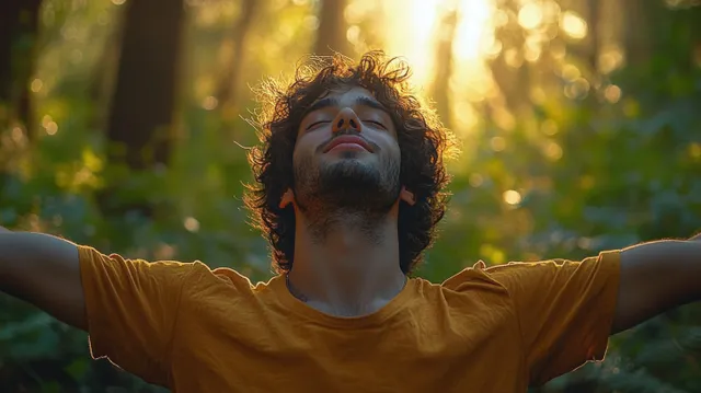 Young man in sunlit forest closes eyes with arms outstretched in calm freedom