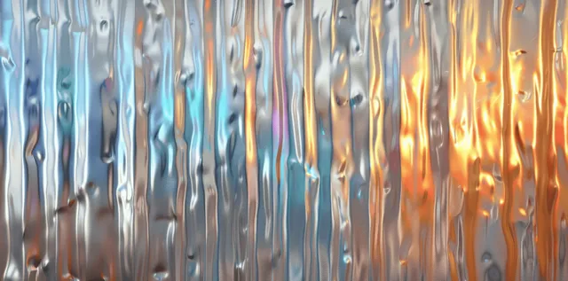 Fundo contínuo de folha cromada holográfica com saliências verticais semelhantes a vidro e reflexos iridescentes em arco-íris.