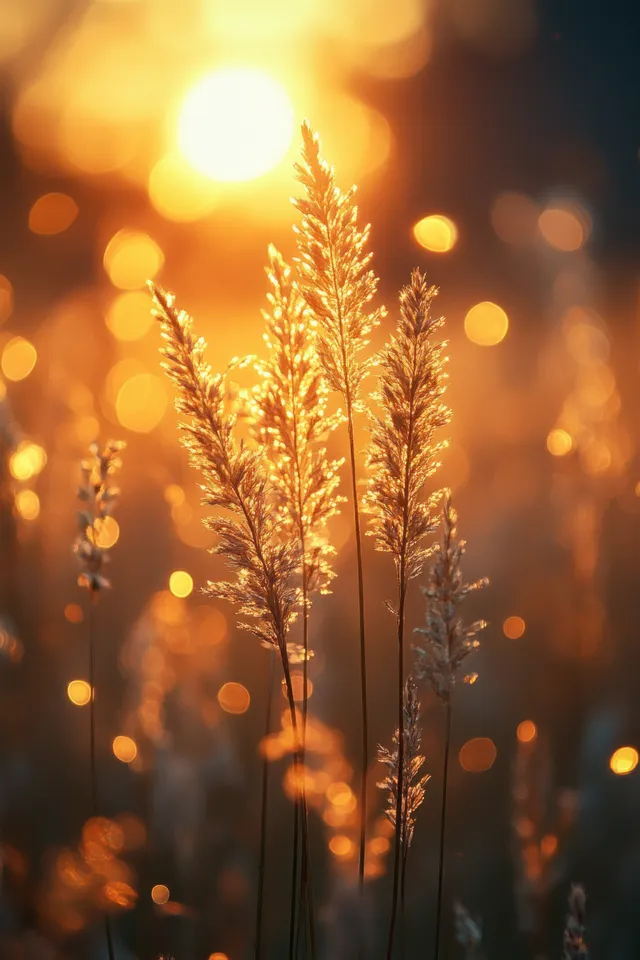 Sunlit grass blades with dew sparkle glow against a warm, blurred bokeh background.