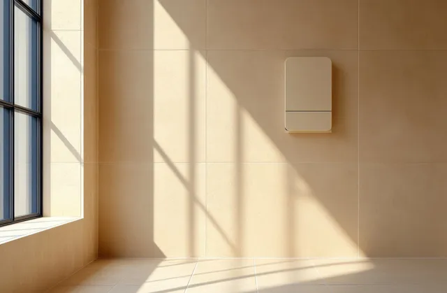 Sunlight through a large window creates long shadow stripes across an empty corner with beige tiled floor and walls.