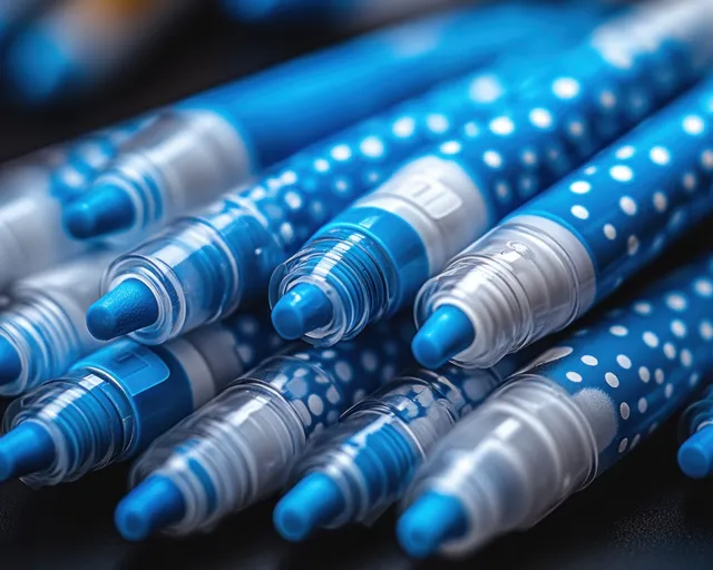 Assorted blue and silver injection pens with needle tips piled in a chaotic heap on a dotted surface.