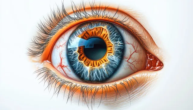 Extreme close-up of a human eye with blue-orange iris and wet reflections with Contact Between Eyelids And