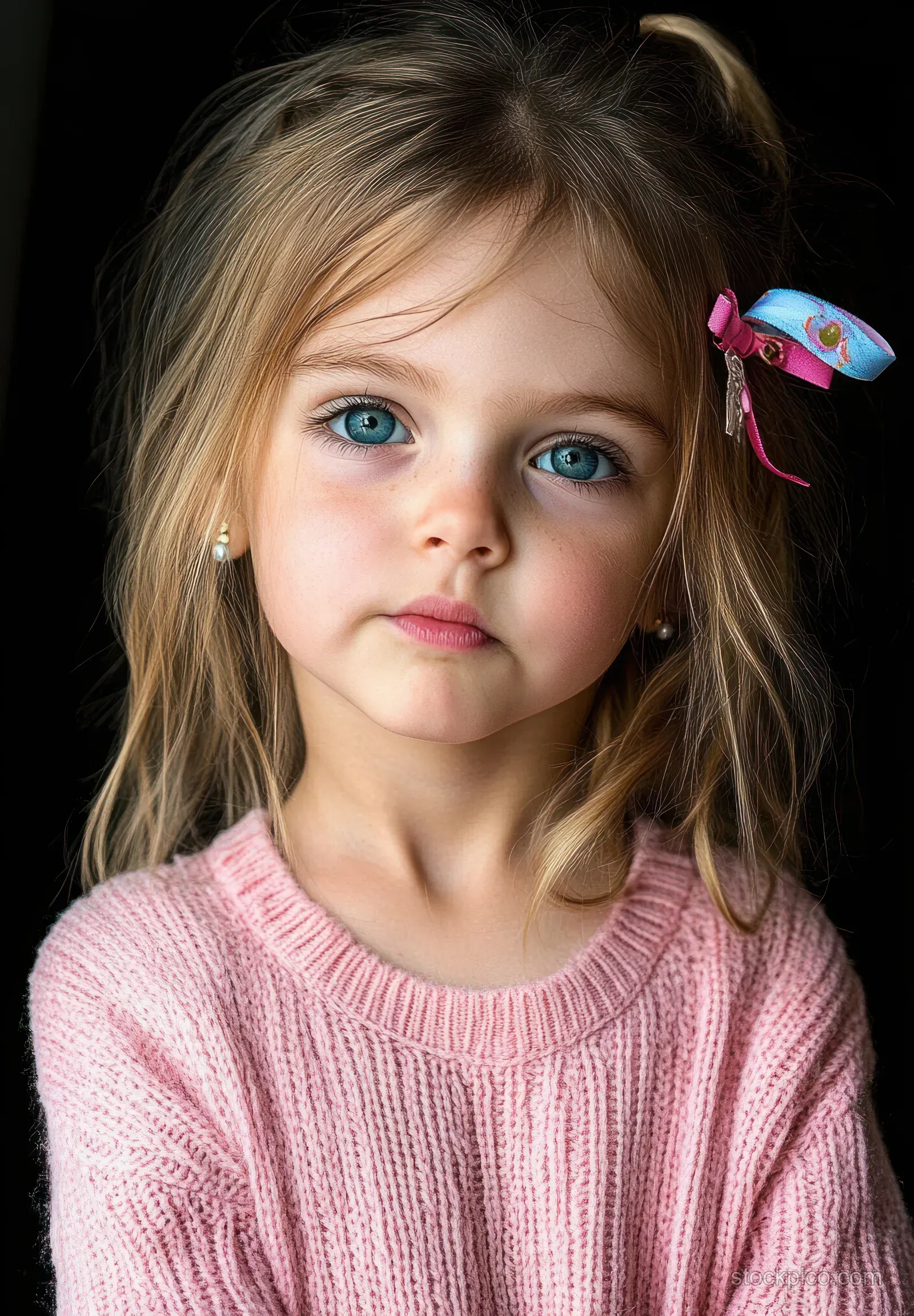 Close-up portrait of a blonde girl with blue eyes wearing a pink knit sweater and a colorful hair clip.