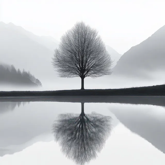 A lone leafless tree stands in a foggy landscape, mirrored perfectly in calm lake water.