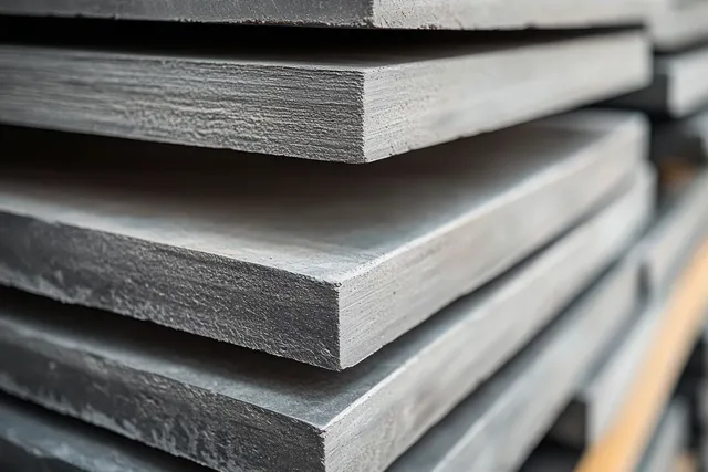Neatly stacked grey steel sheets in close-up, showing layered edges and brushed metal texture.