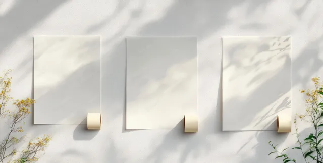 Three blank paper sheets are held with small adhesive tape pieces on a soft marble background.