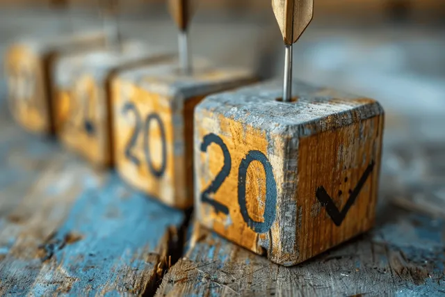 Wooden cubes engraved with “20” and arrow marks sit on a scratched surface like a countdown plan.