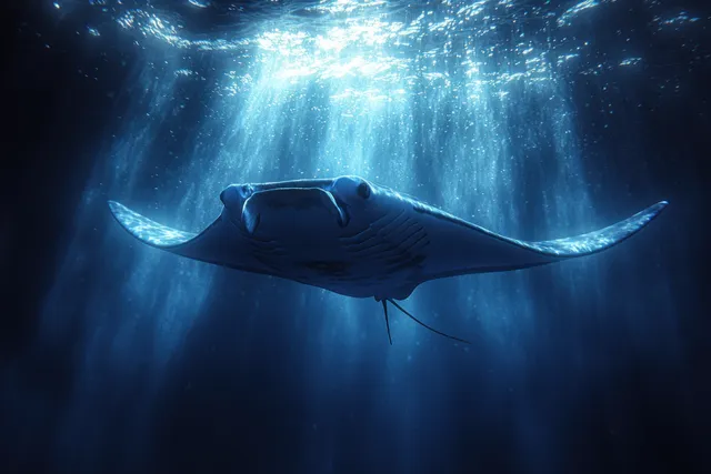 Majestic manta ray glides through deep blue sea waters with sunbeams behind