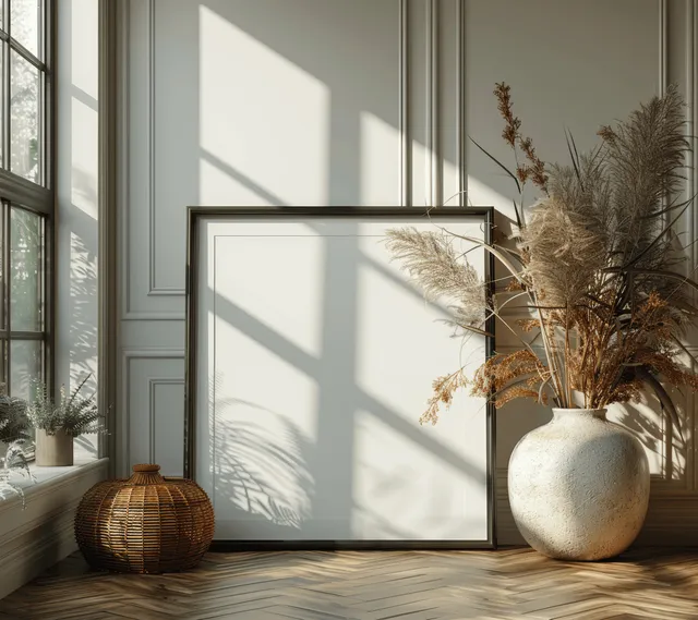 Sunlit boho living room mockup with a black frame on the wall, oak herringbone parquet floor, and decorative vases.