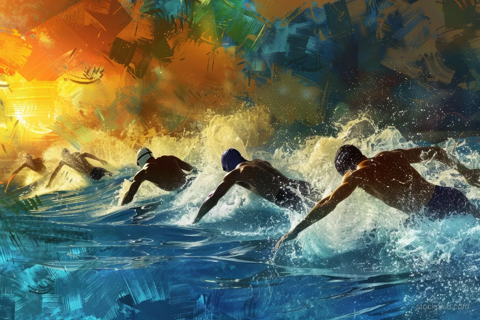 Four swimmers sprint in freestyle relay lanes with heavy water splashes under colorful sunset lighting.