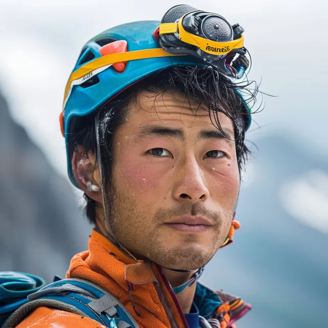 A Japanese climber in a helmet and orange gear looks ahead with mountains in the background.