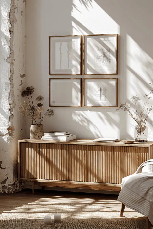 Sunlit Scandinavian bedroom corner with wooden window frames, a low wooden bench, and books on top.