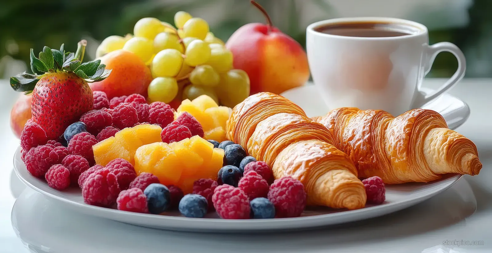 Croissants and mixed berries on a white plate next to a cup of black coffee on a clean table.