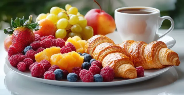 Croissants and mixed berries on a white plate next to a cup of black coffee on a clean table.