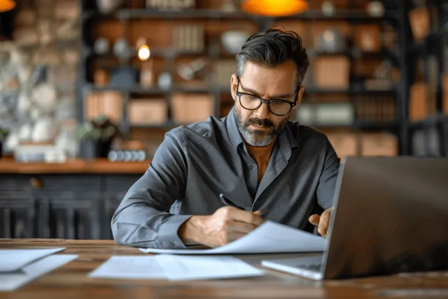 Focused manager taking notes and researching online at a desk in a quiet office