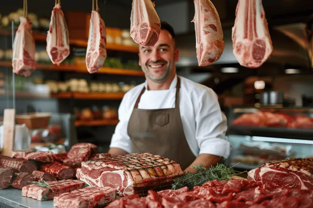 A smiling butcher in a white apron stands behind a meat shop counter with raw steaks and hanging cuts on display.