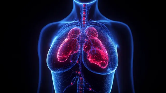 3D transparent torso visualizing red lungs with branching airways and glowing vascular network
