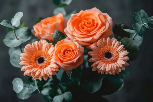 Close-up bouquet of peach roses and daisy-like flowers with eucalyptus leaves on a dark background.