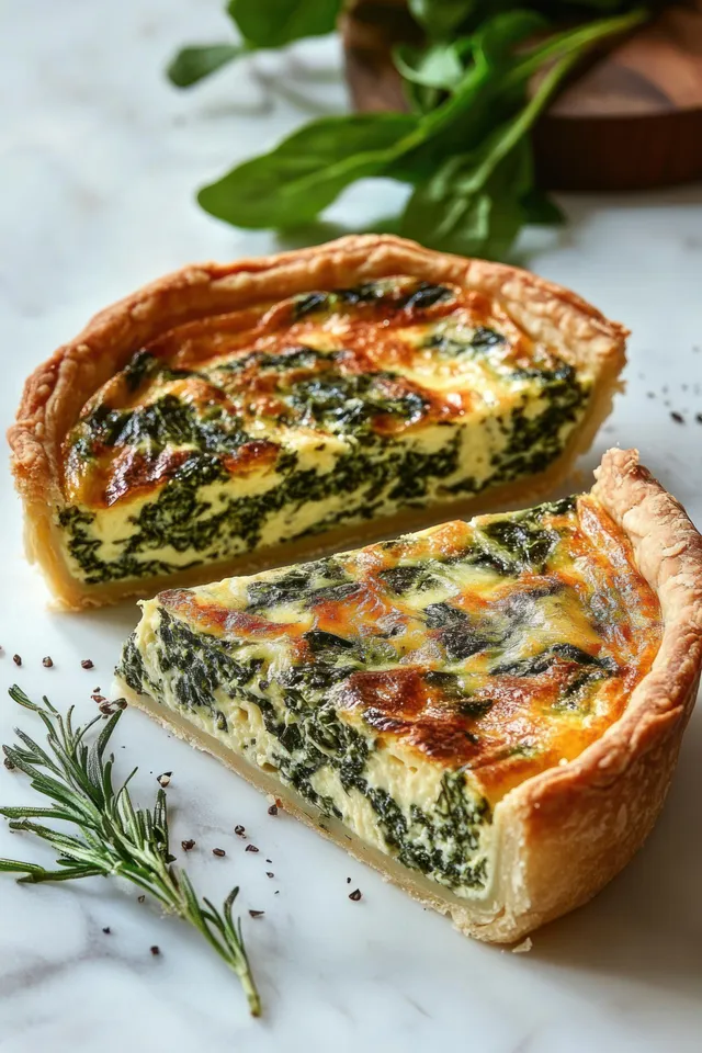 Spinach and cheese quiche slices on white marble, garnished with fresh rosemary and spinach leaves.