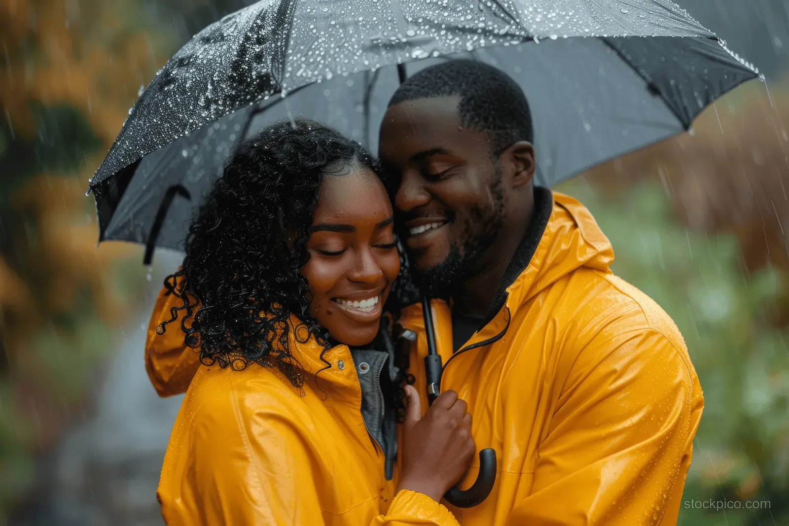A couple hugs under a black umbrella while wearing bright yellow raincoats in rainy outdoor weather.