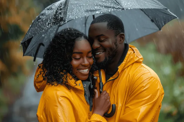 A couple hugs under a black umbrella while wearing bright yellow raincoats in rainy outdoor weather.