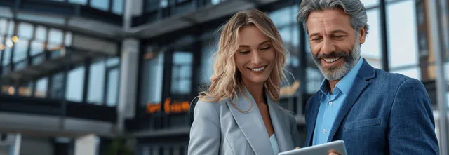 Two business colleagues stand outside a glass office building and review information on a tablet together.