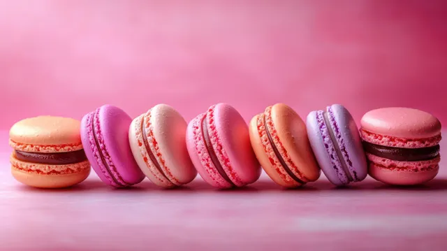 Colorful macarons stacked on pastel pink background with soft shadows