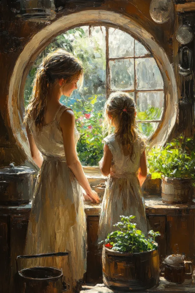 Mother and daughter sing and laugh in a warm kitchen near a window surrounded by green plants.