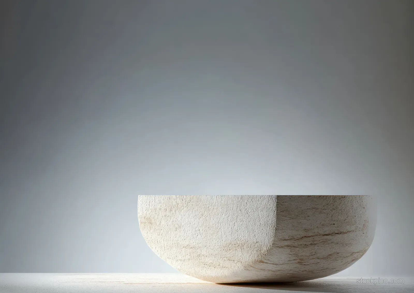 A travertine podium sits on a grey studio surface under soft diffused light, showing subtle stone texture.