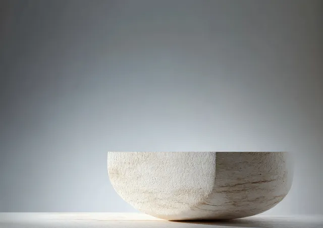 Minimalist travertine podium on grey studio background with soft diffused lighting