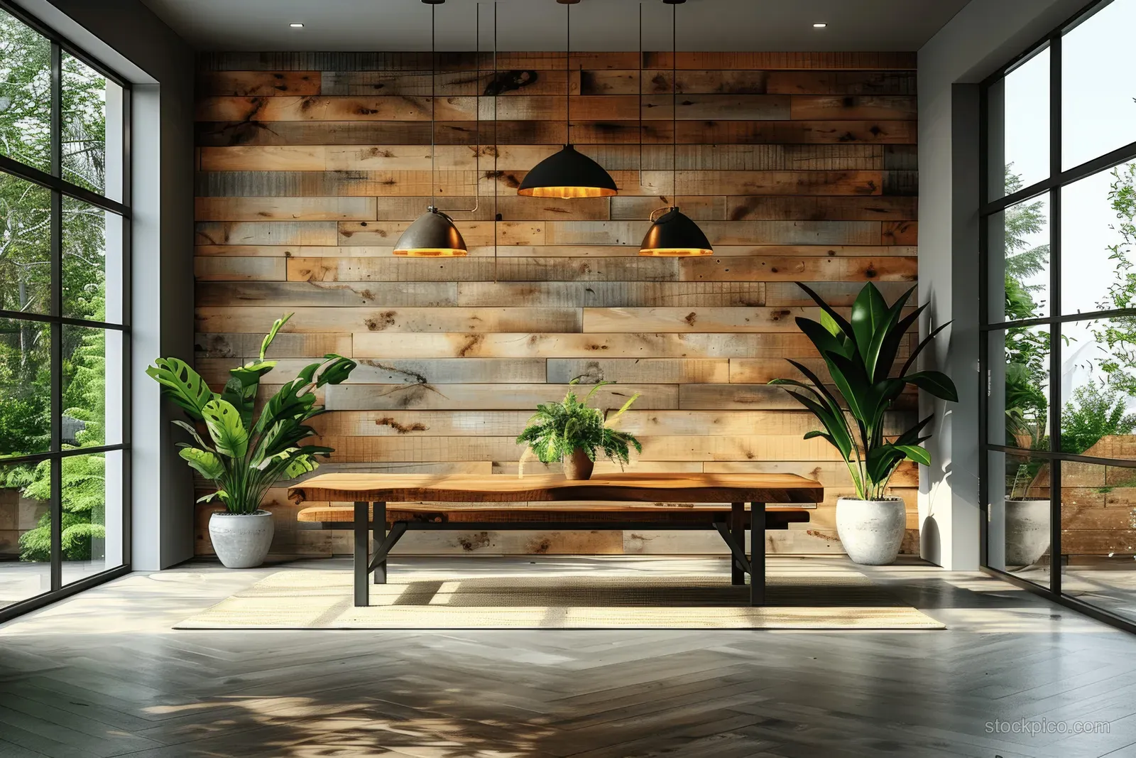 Minimalist dining room with a wooden table, wood-slat wall, potted plants, and warm pendant lights by large windows.