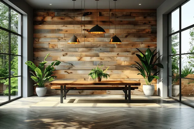 Minimalist dining room with a wooden table, wood-slat wall, potted plants, and warm pendant lights by large windows.