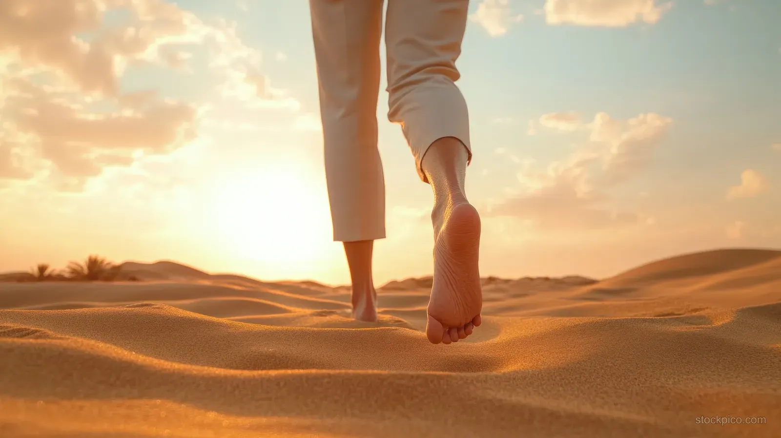 Barefoot traveler walking across golden sand dunes at sunset with a glowing sky and scattered clouds.