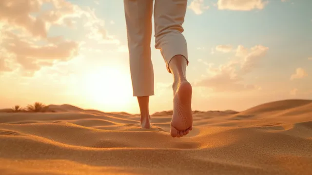 Rear view of barefoot traveler walking across golden sand dunes at glowing sunset
