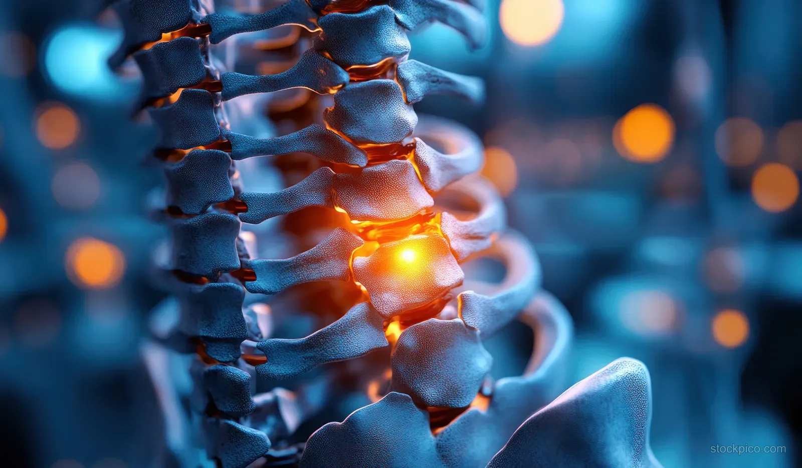 3D lumbar spine skeleton with a glowing herniated disc highlight against a blue blurred background.