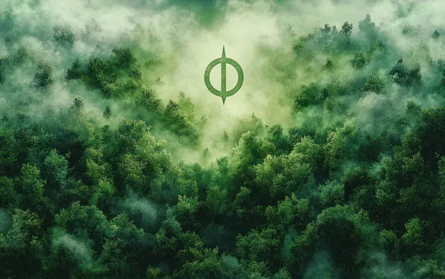 Environmental justice scales symbol hovering over lush forest canopy with misty green atmosphere